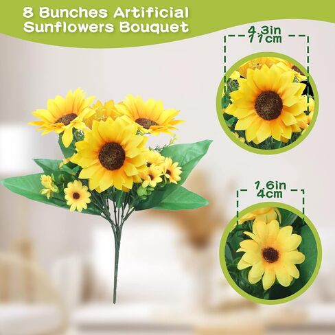8 Packs Artificial Sunflowers with Stems Silk Fake Sunflowers Bouquet Plastic Silk Sunflowers Bulk Yellow Wedding Faux Flower Bunches for Wedding Party Decoration Vase Home (Vivid Style) in Saudi Arabia