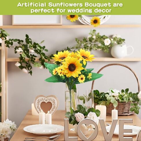 8 Packs Artificial Sunflowers with Stems Silk Fake Sunflowers Bouquet Plastic Silk Sunflowers Bulk Yellow Wedding Faux Flower Bunches for Wedding Party Decoration Vase Home (Vivid Style) in Saudi Arabia
