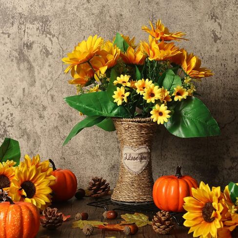 8 Packs Artificial Sunflowers with Stems Silk Fake Sunflowers Bouquet Plastic Silk Sunflowers Bulk Yellow Wedding Faux Flower Bunches for Wedding Party Decoration Vase Home (Vivid Style) in Saudi Arabia