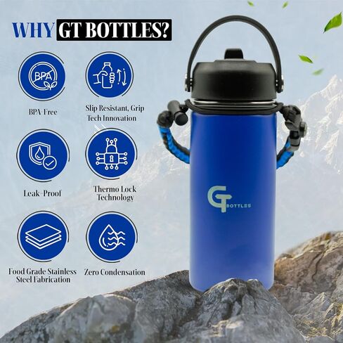 22oz Stainless Steel Vacuum Insulated Wide Mouth Water Bottle with 3 Lids and Paracord Handle for Hot & Cold Beverage (Pink, 22oz) in Saudi Arabia