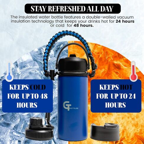 22oz Stainless Steel Vacuum Insulated Wide Mouth Water Bottle with 3 Lids and Paracord Handle for Hot & Cold Beverage (Pink, 22oz) in Saudi Arabia