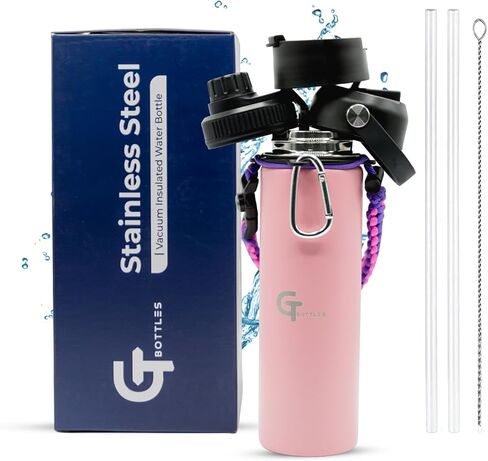 22oz Stainless Steel Vacuum Insulated Wide Mouth Water Bottle with 3 Lids and Paracord Handle for Hot & Cold Beverage (Pink, 22oz) in Saudi Arabia