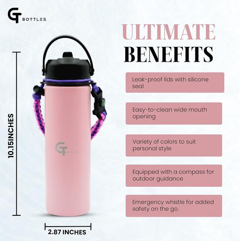 22oz Stainless Steel Vacuum Insulated Wide Mouth Water Bottle with 3 Lids and Paracord Handle for Hot & Cold Beverage (Pink, 22oz) in Saudi Arabia