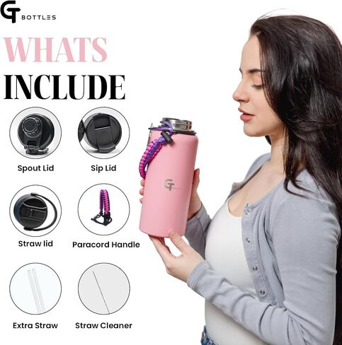 22oz Stainless Steel Vacuum Insulated Wide Mouth Water Bottle with 3 Lids and Paracord Handle for Hot & Cold Beverage (Pink, 22oz) in Saudi Arabia