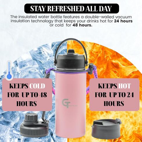 22oz Stainless Steel Vacuum Insulated Wide Mouth Water Bottle with 3 Lids and Paracord Handle for Hot & Cold Beverage (Pink, 22oz) in Saudi Arabia
