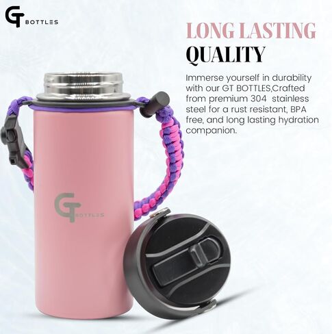 22oz Stainless Steel Vacuum Insulated Wide Mouth Water Bottle with 3 Lids and Paracord Handle for Hot & Cold Beverage (Pink, 22oz) in Saudi Arabia