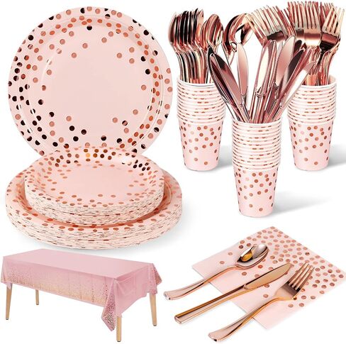 141 Pieces Pink and Rose Gold Party Supplies, Party Dinnerware Sets Include Paper Plates Napkins Cups Silverware, for Wedding Bridal Shower Engagement Birthday Parties Decoration -20 Serves in Saudi Arabia