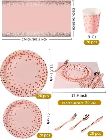 141 Pieces Pink and Rose Gold Party Supplies, Party Dinnerware Sets Include Paper Plates Napkins Cups Silverware, for Wedding Bridal Shower Engagement Birthday Parties Decoration -20 Serves in Saudi Arabia