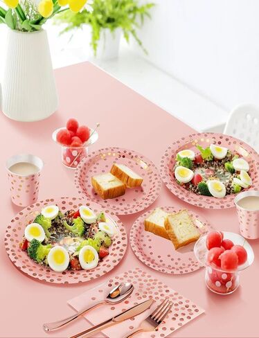 141 Pieces Pink and Rose Gold Party Supplies, Party Dinnerware Sets Include Paper Plates Napkins Cups Silverware, for Wedding Bridal Shower Engagement Birthday Parties Decoration -20 Serves in Saudi Arabia