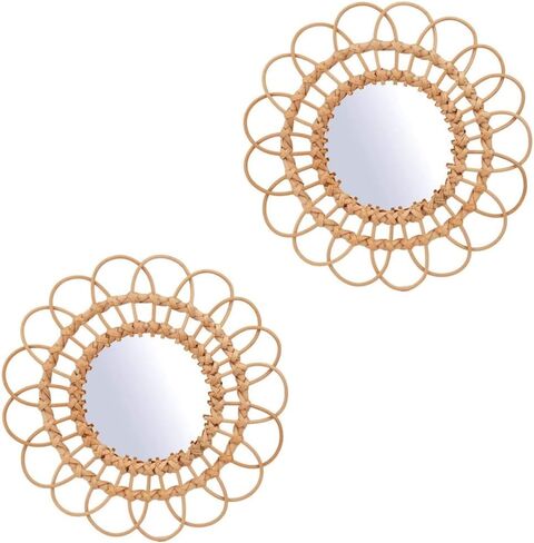 2 Pack 11" Rattan Innovative Art Decoration Round Makeup Mirror Dressing Bedroom Bathroom Wall Hanging Mirrors Craft Photo Props… in Saudi Arabia