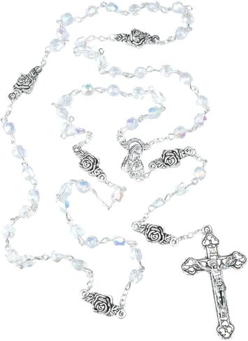 Crystal Glass Rosary with Rose Our Father Beads, Catholic Keepsake Gifts for Women, 19.5 Inches with 1 ¾ Inch Crucifix in Kuwait