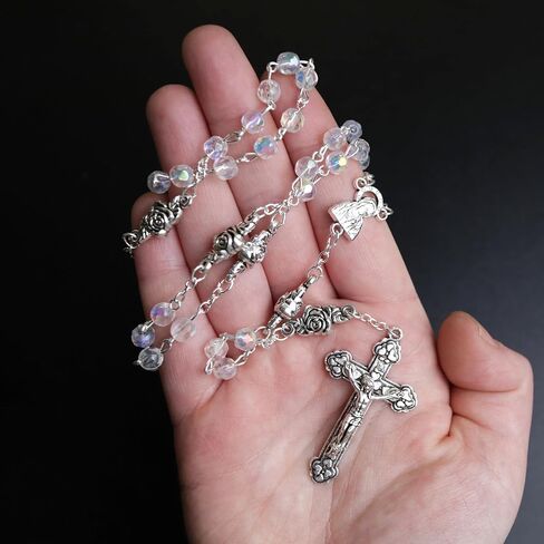 Crystal Glass Rosary with Rose Our Father Beads, Catholic Keepsake Gifts for Women, 19.5 Inches with 1 ¾ Inch Crucifix in Kuwait