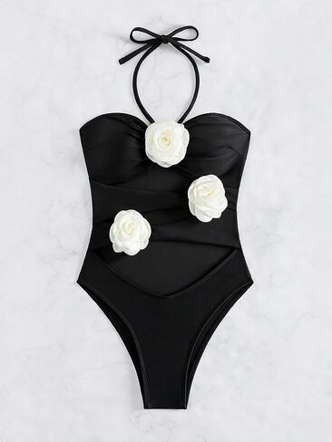 OYOANGLE Women's One Piece Swimsuit 3D Floral Appliques Cut Out Sleeveless Halter Tie Backless Swimwear in Saudi Arabia