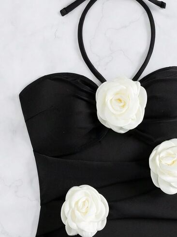 OYOANGLE Women's One Piece Swimsuit 3D Floral Appliques Cut Out Sleeveless Halter Tie Backless Swimwear in Saudi Arabia