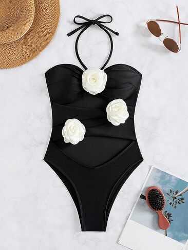 OYOANGLE Women's One Piece Swimsuit 3D Floral Appliques Cut Out Sleeveless Halter Tie Backless Swimwear in Saudi Arabia
