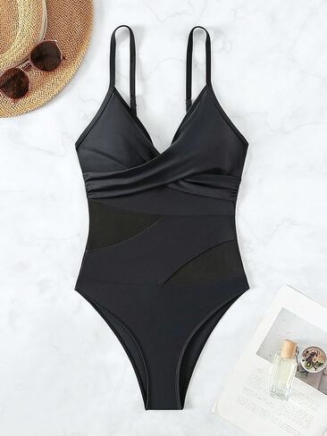 Floerns Women's One Piece Swimsuit Contrast Mesh Wrap Cross V Neck Monokini in Saudi Arabia