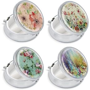 4 Pack Elegant Small Pill Box, 3 Compartments Pill Case for Purse Pocket with Mirror, Metal Travel Portable Medicine Tablet Vitamin Holder Organizer Container, Style A
