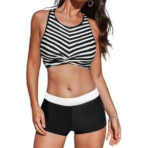 CUPSHE Women's Bikini Sets Two Piece Bathing Suit High Waisted High Neck Front Twist Color Block Back Hook Full Coverage
