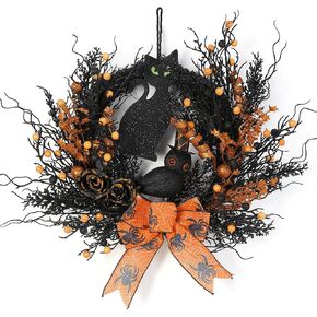 Halloween Black Cat Wreaths for Front Door, 22 Inch Natural Vines Wreath with Black Cat Rose Owl and Berry, Spooky Halloween Wreaths for Front Door Home Party Outside Decoration (Black and Orange) in Saudi Arabia