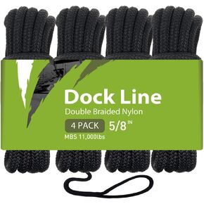 Xmonster Double Braid 5/8" x 20' Boat Dock line with 12" Eyelet, MBS 11,000lbs, 2 Pack Chafe Guards 24“ Length, Mooring Marine Rope for Boats Line, 4-Pack, Black
