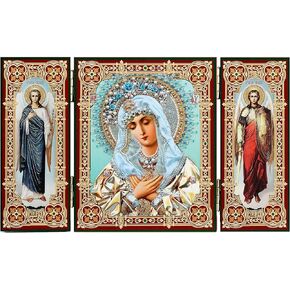 Virgin Mary Icon Triptych, Madonna Extreme Humility With Archangels Saint Michael and Saint Gabriel, Religious Gift, 3 1/4 Inch