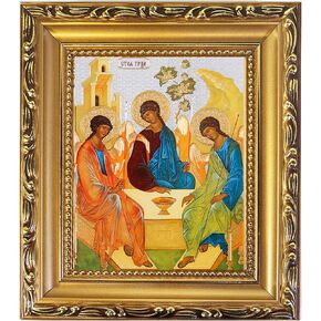 Needzo Holy Trinity Icon with Wooden Gold Frame, Eastern Orthodox Wall Decor, 6.25 x 5.5 Inches