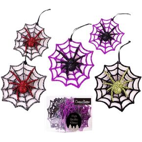 Christmas Traditions 12 Pcs 4 inch 3D Glittered Halloween Spider Ornaments on Web for Door/Window/Wall, Indoor/Outdoor use Party Decorations 3 Colors asst