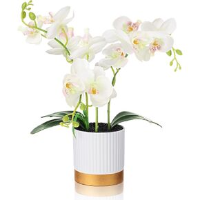 XunYee Orchid Artificial Flowers in Pot 15 Inches Artificial Orchid Flowers Phalaenopsis Flowers Potting for Home Office Wedding Bathroom Centerpiece Decor (White)