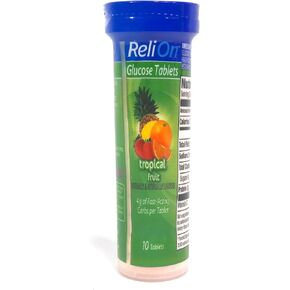 ReliOn Glucose Tropical Fruit Tablets, On-The-Go Tube, 10 Tablets.
