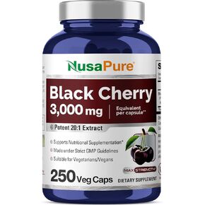 NusaPure Black Cherry Extract 3,000mg 250 Veggie Capsules Max Potency, Non-GMO, Bioperine
