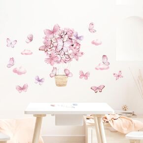Pink Butterfly Hot Air Balloon Wall Stickers, sacinora DIY Cartoon Art Wall Decals Removable Vinyl Peel and Stick for Kids Baby Girl Nursery Bedroom Children's Room Studyroom Playroom Decorations