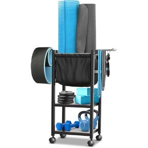 Multifunctional Home Gym Storage Rack - Metal Exercise Equipment Storage w/Wooden Shelf, Hooks & Black Yoga Mat Home Gym Organizer Basket - 88LBS Max Cap Weight Rack for Dumbbells & More