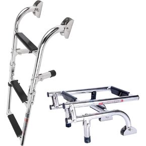 Marine Boat Ladder 3 Foldable Stainless Steel Telescoping Boat Ladder Collapsible Step Ladder for Swimming Pool Pontoon Dock Stern Mount W Rubber Grips