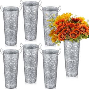 6 Pcs Galvanized Flower Bucket Metal Vase Bulk 13.8 Inch Larger Galvanized Bucket with Handles Silver Rustic Farmhouse Flower Vase Vintage Flower Containers for Wedding Table Decoration