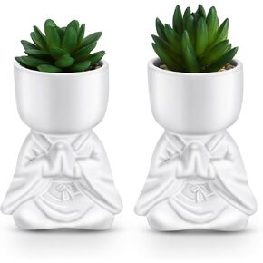 Fake Succulents Plants Artificial with Praying Monk Shape Black Ceramic Pot for Bathroom Bedroom Home Office Desk Shower Decor Aesthetic Indoor - Set of 2