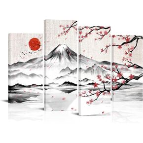 LyerArtork 4 Panel Japanese Ink Painting Wall Art Mount Fuji with Moon Pictures Wall Decor Cherry Blossom Canvas Print Japan Traditional Artwork for Living Room Bedroom Decoration