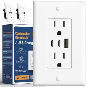 منفذ USB 6.0A Amico، منافذ حائط 3 منافذ بقدرة 30 وات مع 2 نوع C و1 نوع A، قابس مقبس 15 أمبير، وعاء مقاوم للعبث، لوحة حائط متضمنة، قائمة ETL، أبيض، حزمة واحدة