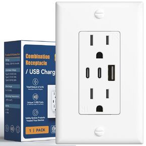 Amico 6.0A USB Outlet, 3-Port 30W Wall Outlets with 2 Type C & 1 Type A, 15 Amp Receptacle Plug, Tamper Resistant Receptacle, Wall Plate Included, ETL Listed, White, 1 Pack