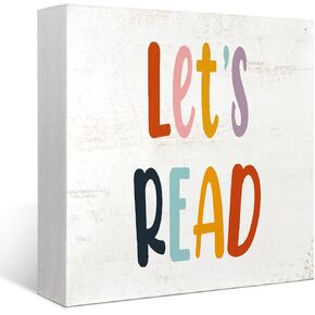 Mtrgdn Let's Read Boho Wood Box Sign Desk Decor Rustic Reading Wooden Box Block Sign Decorations for Home Kids Room Reading Room Nursery Classroom Wall Tabletop Desk Decor