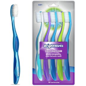 BrightWorks Dazzling Clean Manual Toothbrush (10 Pack), Soft, Bristles Designed to Clean in Between Teeth. Great for Sensitive Teeth or Sensory Issues (multiple colors).