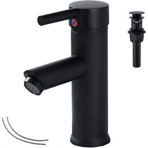 صنبور الحمام الأسود GGStudy مقبض واحد 1 حفرة بالوعة الحمام صنبور الفولاذ المقاوم للصدأ الحمام الغرور صنبور مطابقة المنبثقة استنزاف مع تجاوز صنبور الحمام in Kuwait