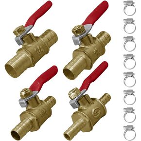 2 Way Brass Ball Valve Shut Off Switch Kit, 1/4", 5/16", 3/8", 1/2" Hose Barb Mini Shut Off Ball Valve with 180 Degree Operation Handle with Clamps for Water/Fuel/Air