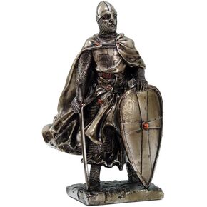 Crusader Knight Statue Silver Finishing Cold Cast Resin Statue 7" (8713)