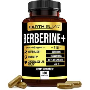 4-in-1 Berberine Supplement 1200mg (180 Caps) w/ 200mg COQ10, 400mg Resveratrol & 150mg of Ceylon Cinnamon –3rd Party Tested– Berberine w/Ceylon Cinnamon Supplements –Max Purity– CO Q 10
