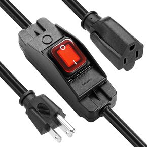 3 Prong Outdoor Extension Cord with Waterproof Switch,1875W 14AWG SJTW Heavy Duty Extension Cord with Red Led On Off Switch,15A 125V Grounded Outlets Plugs for Appliances[1.5FT,Black]