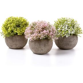 T4U Mini Artificial Plants in Grey Pot, Plastic Fake Green Colorful Flower Topiary Shrubs for Home Office Wedding Decoration Set of 3