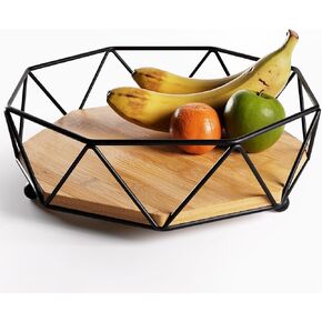 Fruit Bowl for Kitchen Counter - 12"W Metal & Wood Modern Fruit Bowl - Large Fruit Basket for Kitchen Counter - Black Decorative Bowl - Dining Table Centerpiece Decor Bowl - Fruit Bowls - Fruit Holder
