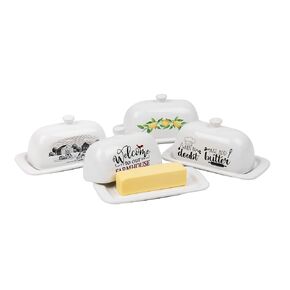 Butter Dish Set of 4, Whimsical When in Doubt, Just Add Butter, Welcome to our Farmhouse, Lemons and Farmhouse Design, Kitchen, Ceramic, Set of 4, Multi-color