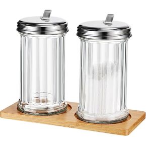 Glass Sugar Dispenser Pourer Shaker with Tray 12 oz Retro Style Sugar Containers with Stainless Steel Lid for Coffee Bar Vintage Glass Jar For Sugar Cinnamon Spices (2 Pcs)