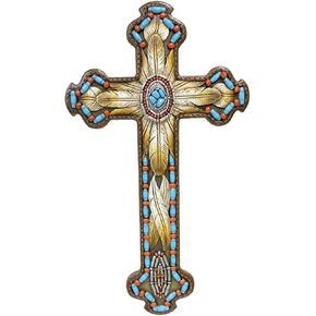Polyresin Tribal Beads with Feather and Turquoise Accent Hanging Wall Religious Cross Décor